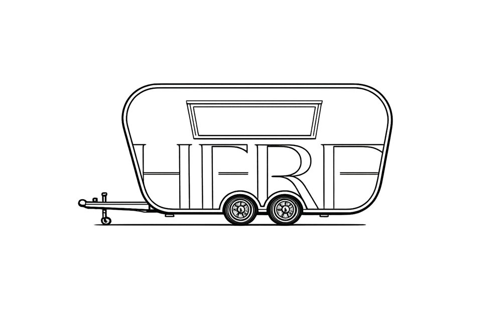 Line drawing of the HERE trailer, its letters wrapping the body